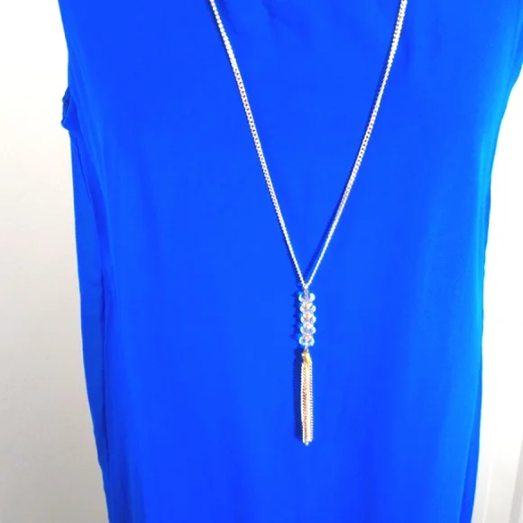 JM Collection Blue Dress W/ chiffon, Sz M, & Neckless - Picture 4 of 8